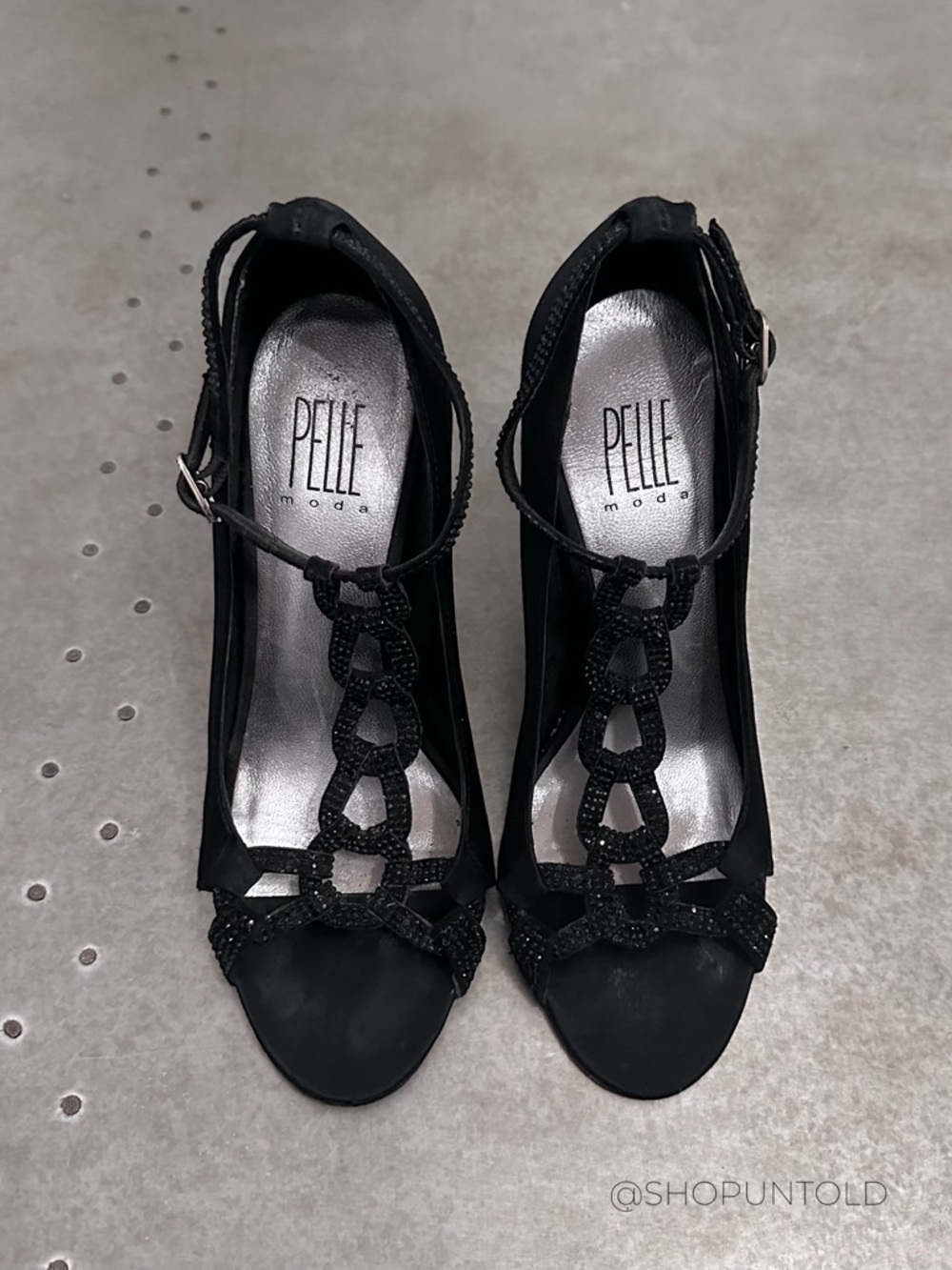 Pelle Moda Black Satin Crystal Embellished T-Strap Heels Evening Size 6.5